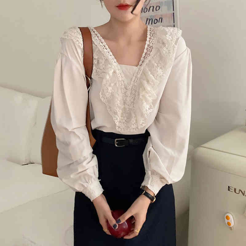 Nomikuma Korean Chic Lace Ruffle Patchwork Blouse Tops Causal Puff Long Sleeve V-neck Women Shirt Autumn Sweet Blusas 6D006 210427
