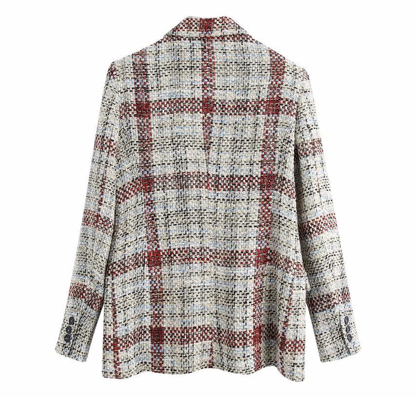 Spring CHIC Women Weave Tweed Gingham Plaid Blazer Retro Elegant Double-breasted Buttons Suit Female Fashion Vintage Coat 210429