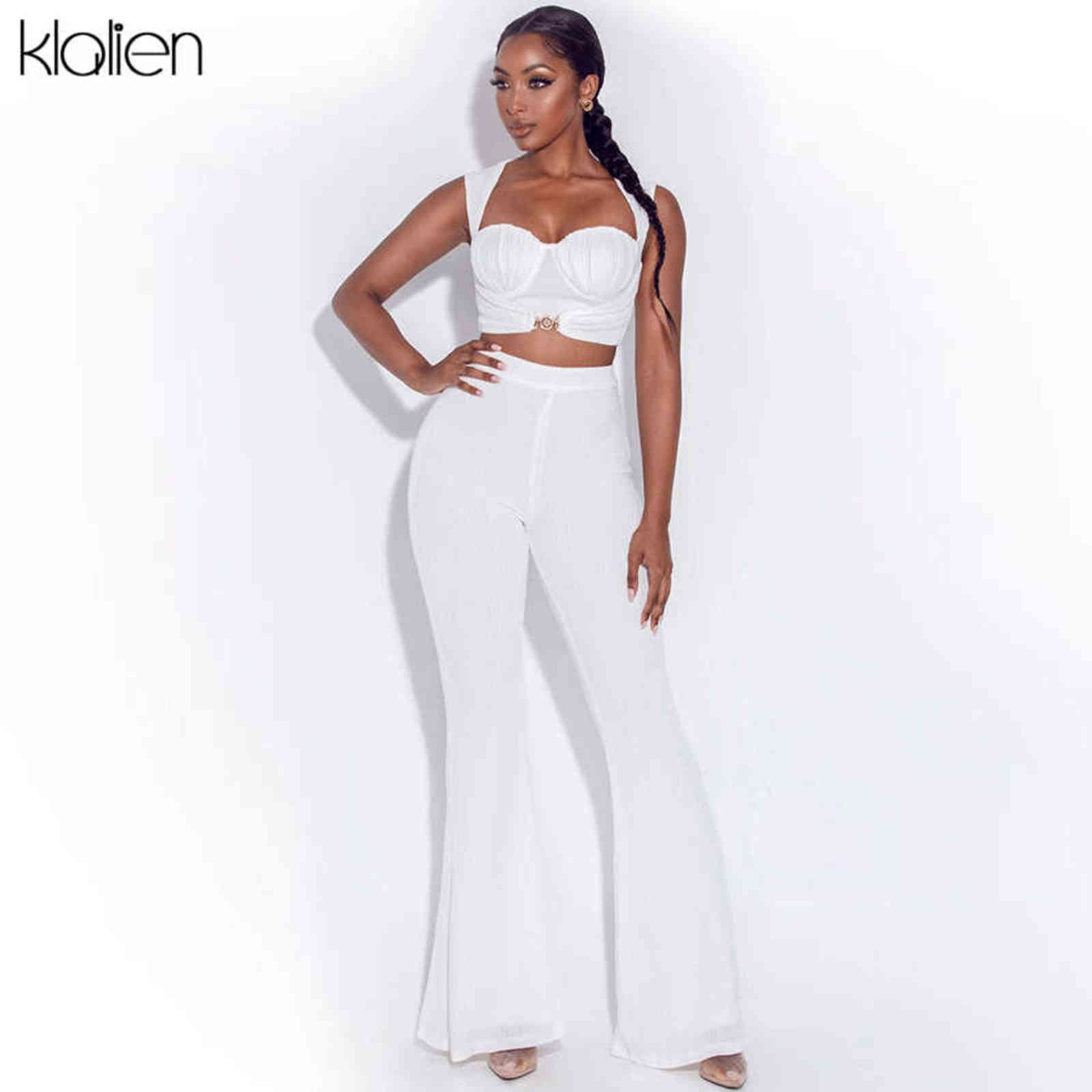 KLALIEN Fashion Elegant Office Lady Camisole and Flared Trousers Two Piece Set Women Casual Street Loose Stretch Solid Outfit 211105
