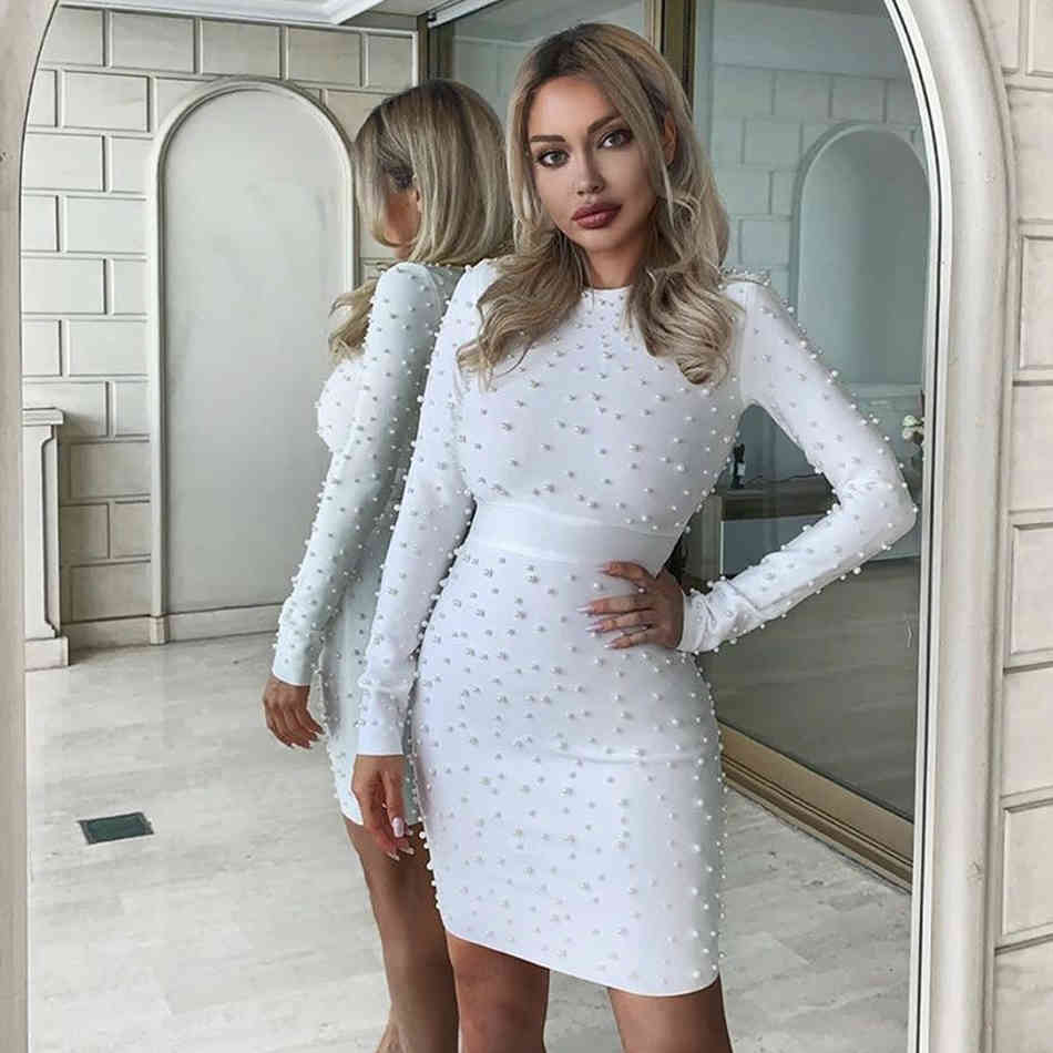 Free Autumn White Beaded Dresses Women O-neck Long Sleeve Sexy Bodycon Mini Dress Party Club Vestidos 210524