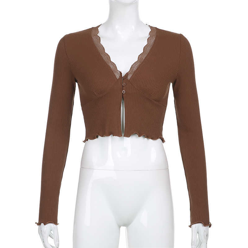 women's deep V-neck lace jacket, brown long sleeve T-shirt, Y2K fashion Raja at the bottom, retro aesthetic jacket in 1990s 210602