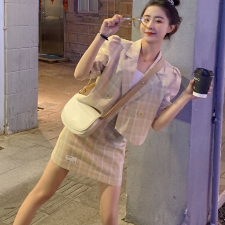 Korea Summer Elegant Two Piece Set Women Fashion Plaid Puff Sleeve Chic Top + High Waist Bodycon Mini Skirts Suit 210519