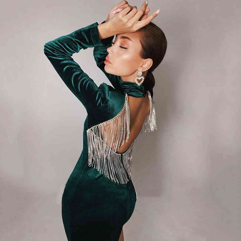 Women's Summer Dress Sexy Green Velvet Backless Long Sleeve Tassel Mini Evening Runway Club Party Ladies Dresses 210423
