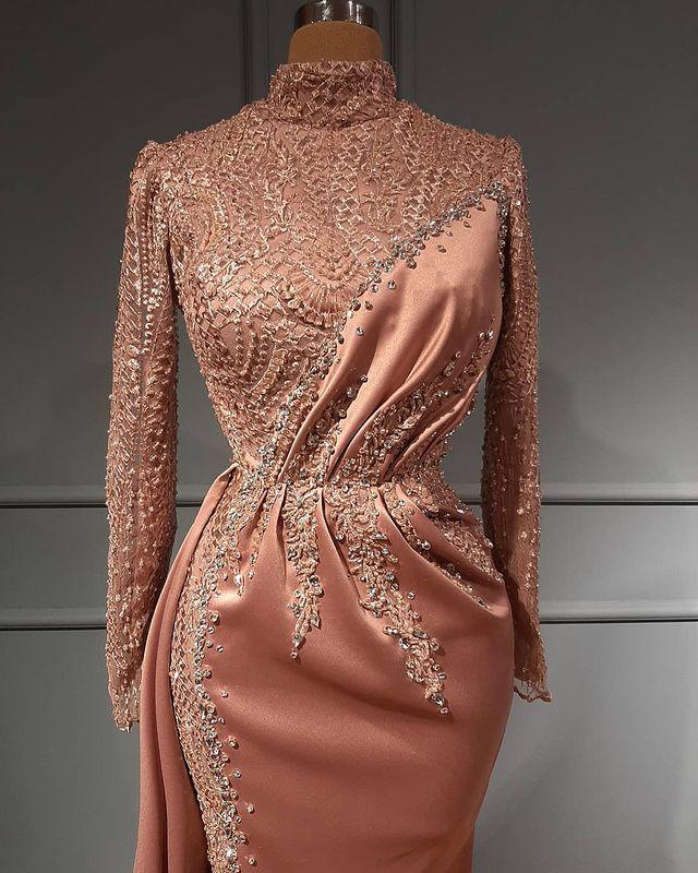 Blush Pink Muslim Evening Formal Dresses With Long Sleeve High Neck Sparkly Lace Beaded Arabic Aso Ebi Occasion Prom Gowns
