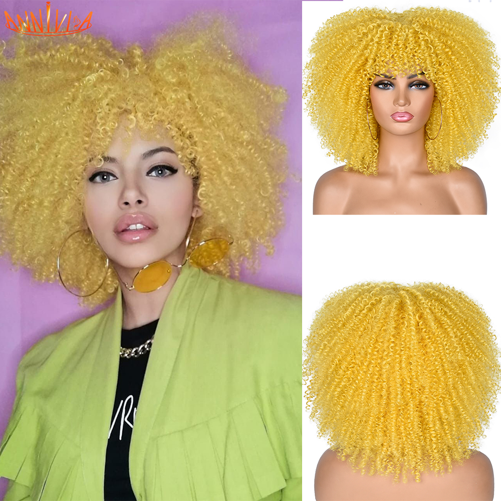 Short Hair Afro Kinky Curly Wig With Bangs For Black Women African Synthetic Ombre Glueless Cosplay Wigs 14 Anniviafactory direct