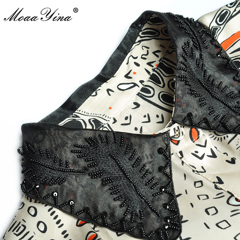 Fashion Runway Summer Vintage Party Dress Women Turn-down Collar Long sleeve Single-breasted Print High waist Midi Dres 210524