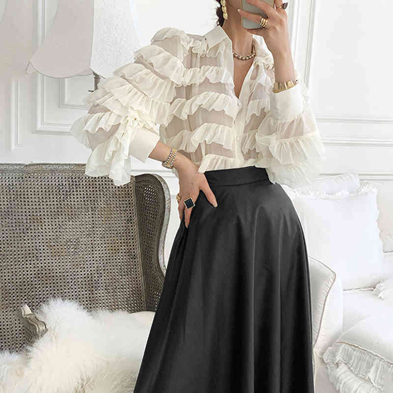 Long Sleeve Tops Loose Heavy Work Cupcake Ol Shirt Spring Korean Ruffles Blouse Women Turn Down Collar Feminino Blusas 13336 210508