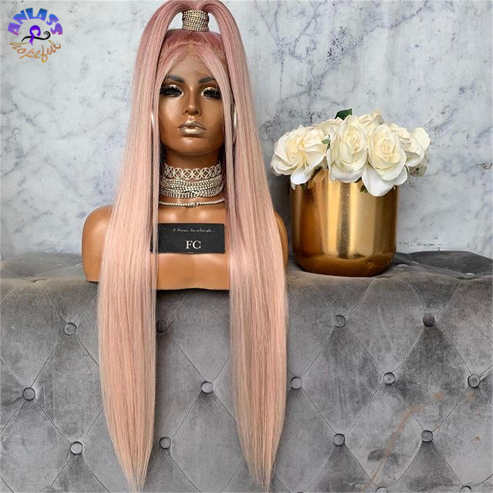 Long Straight Pink Colored Wig Natural Hairline Synthetic Lace front Wigs For Black Women Daily Cosplay Simulation Human Hair