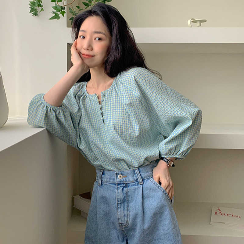 Korejpaa Women Shirt Summer Korean Age-Reducing Fresh Round Neck Small Breasted Loose Versatile Puff Sleeve Plaid Blouses 210526