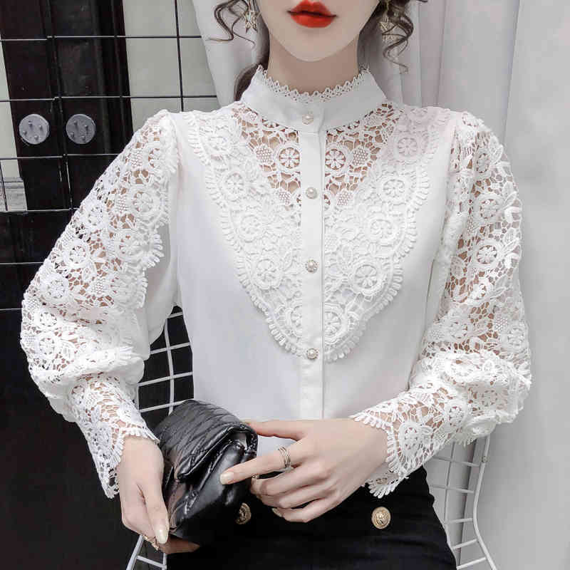 lace stand collar shirt Petal long sleeve top female Hollow Out Flower Lace Patchwork White Shirt Femme Blusas 980B 210420