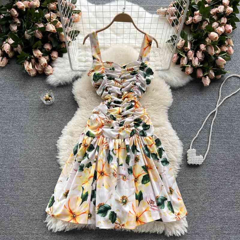 Fashion Ruffles Ruched Spaghetti Strap Cotton Dress Women Square Collar Backless Floral Print Ball Gown Pleats Summer Dress 210515