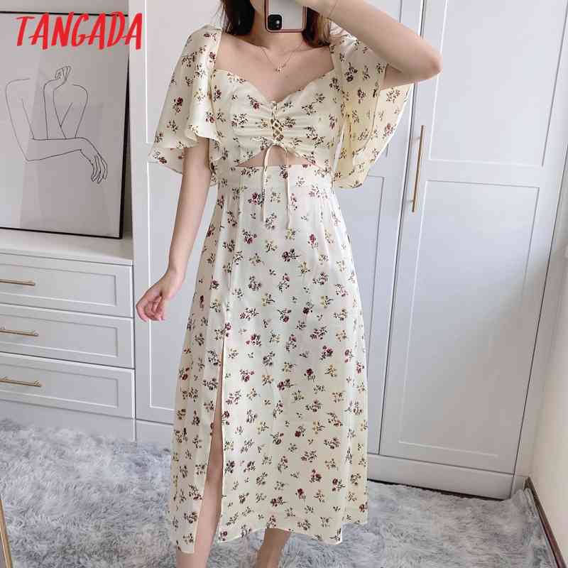 Summer Women Flowers Print Holiday Hollow Short Sleeve Ladies Midi Dress Vestidos 5Z92 210416