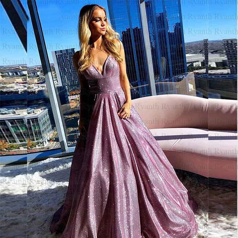 Vestidos de fiesta Sparkly Glitter Satin Prom Dress With Packets 2021 Spaghetti Strap A Line Lace Up Back Evening Dresses