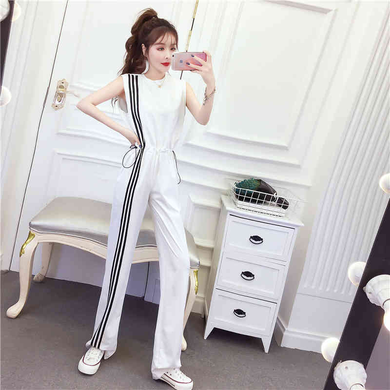 Summer Casual Women Jumpsuit Fashion Hit Color Striped O-Neck Sleeveless Elastic Waist Female Long Rompers 210518