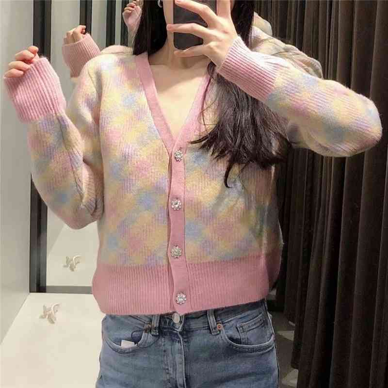 Streetwear Women Rhombus Plaid Sweaters Fashion Ladies Diamonds Button Coats Elegant Female Chic Knitted Cardigan 210430
