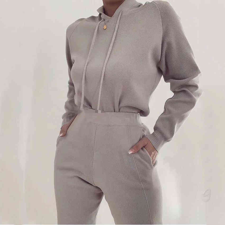 Free Hoodie Knitted Sweater Set Women's Casual Long Sleeve Hooded Collar & Elastic Pants Two Piece 210524