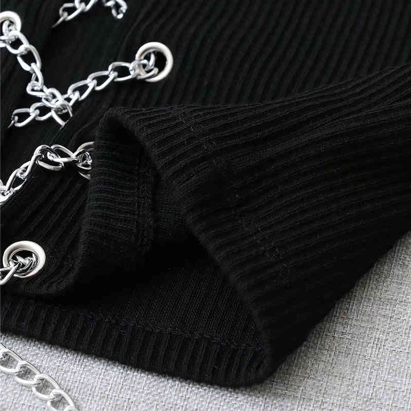 Evfer Spring Summer Fashion Sexy Lady Front Chain Drawstring Knitted Short Vest Women Stylish O-Neck Sleeveless Black Tops Chic 210421