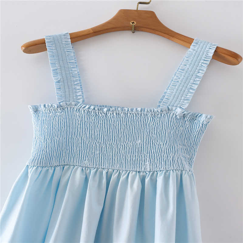 ZA Blue Pleated Summer Dresses Women Sleeveless Wide Straps Smocked Elastic Midi Party Dress Female Chic Backless Vestidos 210602
