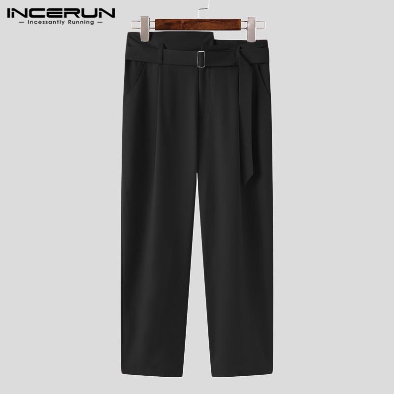 Men Straight Pants Solid High Waist Trousers Fashion Irregular Waistband Pantalon Man Zipper With Belts Plus Size Men's