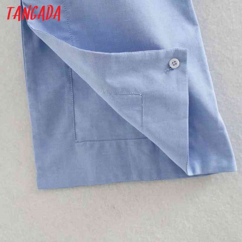 Women Blue Pocket Patch Crop Blouse Femme Split Long Sleeve Short Shirt Chic Tops XN319 210416