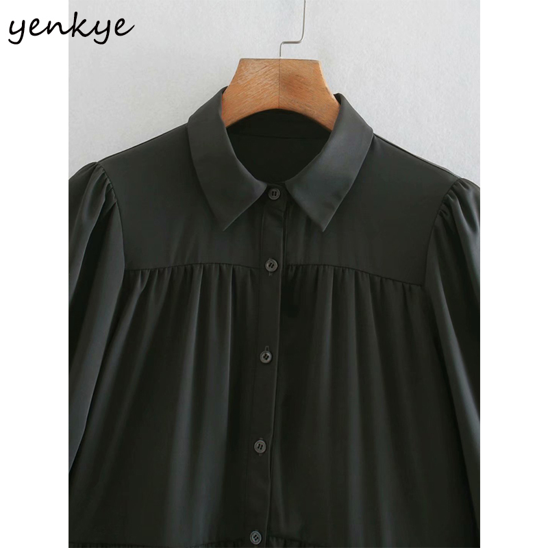 YENKYE Vintage Solid Color Casual Dress Women Lapel Collar Long Sleeve Loose Mini Winter Dress Female Plus Size Short Vestido 210515