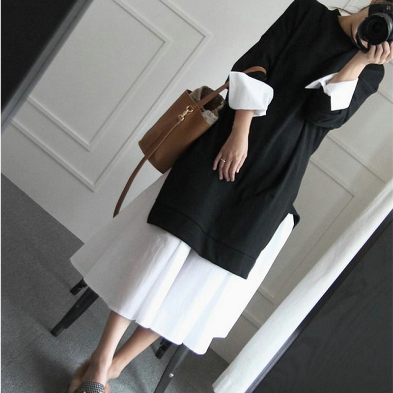 Korean Pregnant Mother dress women's Black Hooded Dress With Mesh Stitched Long Sleeve Irregular Hem Ladies Midi 3258 210428