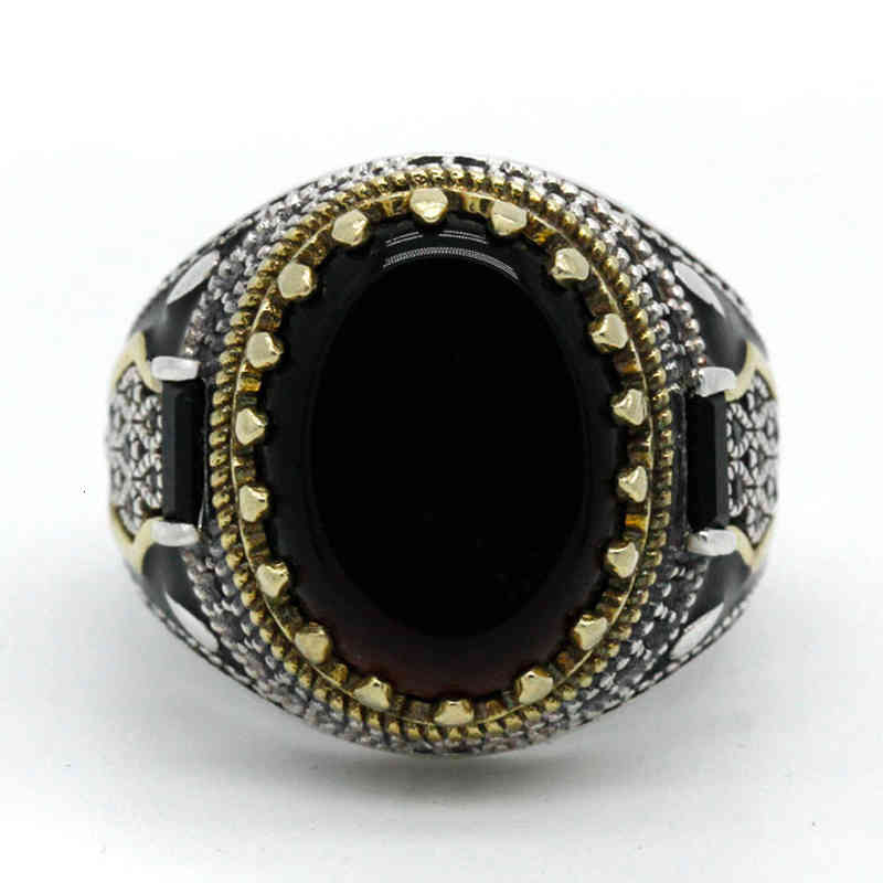 Natural Black Agate Stone for Men 925 Sterling Silver Golden Crown King Male Ring Vintage Turkish Handmade Jewelry Gift