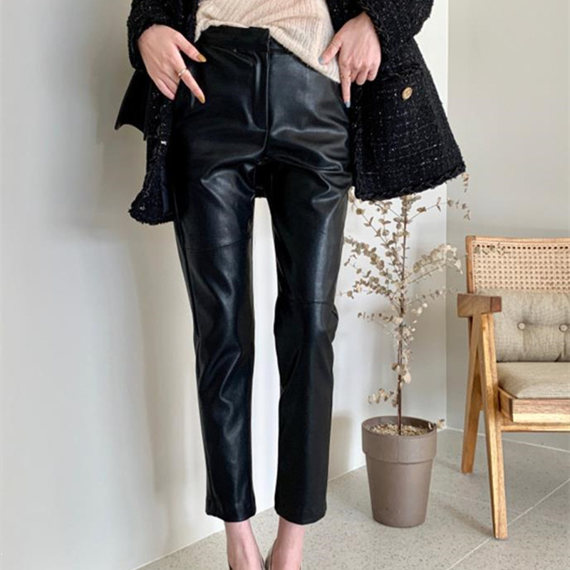 Autumn Winter Elegant High Waist Pencil Pants Women Bottoms OL Wear Thick Plus Velvet Pu Leather Solid Trousers 210421