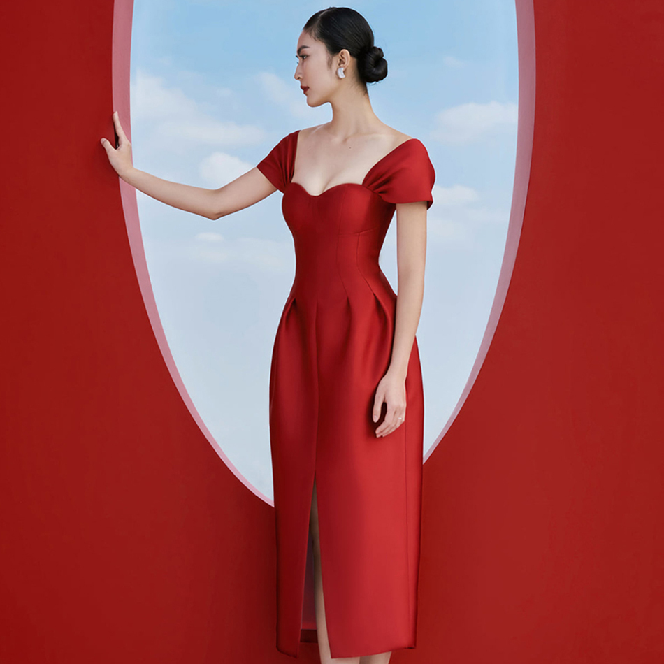 Summer Fashion Red Club Midi Dress For Women Sexy Short Sleeve Elegant Celebrity Evening Runway Party Lady 210423