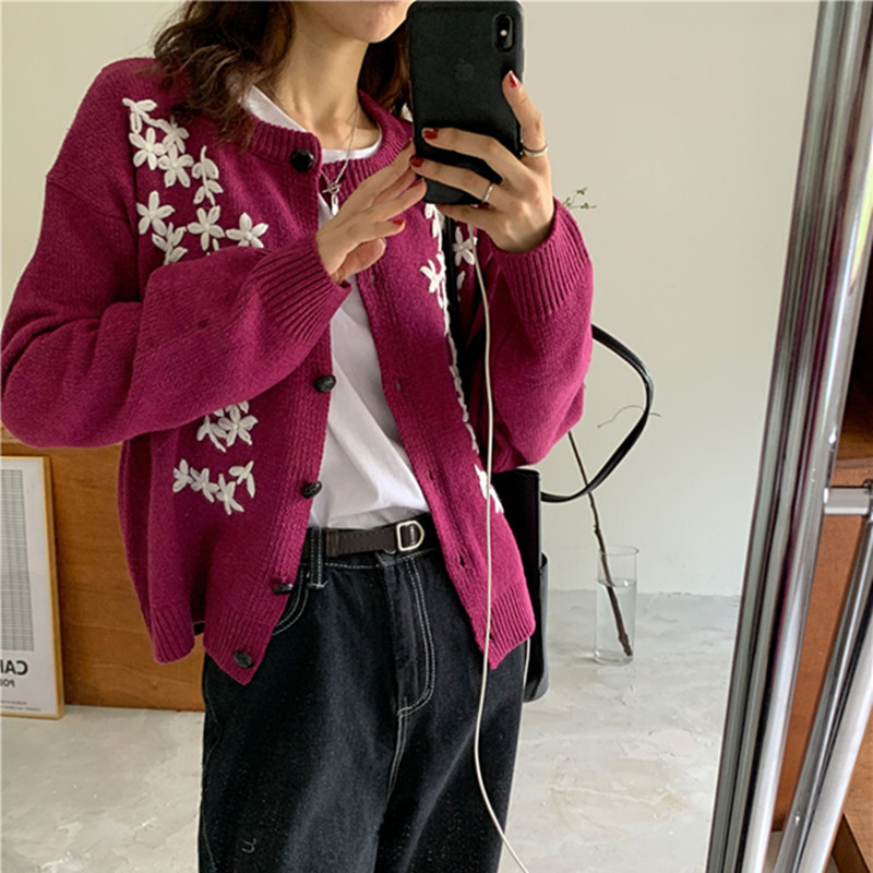 Autumn Winter Sweater Office Lady Work Vintage Floral Embroidery Tops Long Sleeve Knitted Sweaters Cardigan 210421