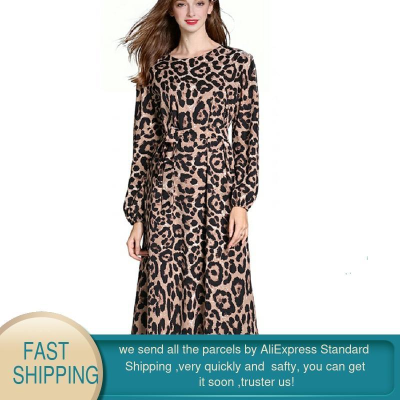 Women Leopard Print Ankle Length Dress Vintage Long Sleeve Casual Party es Ladies Office Elegant O-Neck 210428