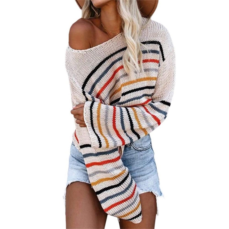 Korean Style Winter Colorful Striped Loose Women Sweater Pullover Knitted Sweaters Female Slash Neck Sleeves Sueter Mujer 210604, Shallow apricot
Korean Style Winter Colorful Striped Loose Women Sweater Pullover Knitted Sweaters Female Slash Neck Sleeves Sueter Mujer 210604, Shallow apricot