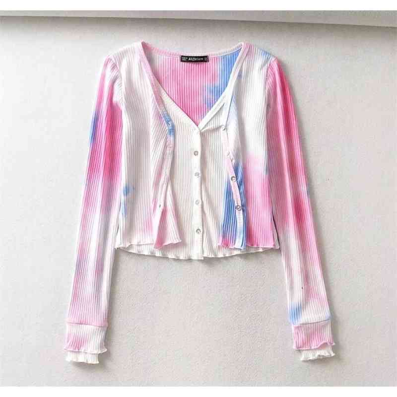 Women Knitted False 2pcs Tie dye Cropped Cardigan Sweater Vintage V neck Exposed navel Short Knitwear Long sleeve Jumper Tops 210429