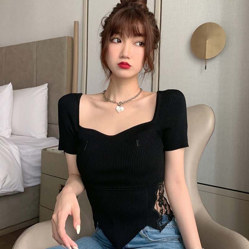 Lucyever Women's Square Collar Knit T Shirts Fashion Irregular Hem Lace Patchwork Tees Woman Black Solid Chic Short Sleeve Tops 210521 
Lucyever Women's Square Collar Knit T Shirts Fashion Irregular Hem Lace Patchwork Tees Woman Black Solid Chic Short Sleeve Tops 210521