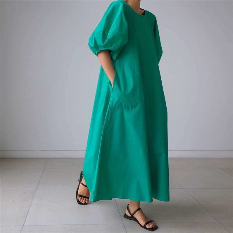 Women's Dress Loose Size Slim Long Lantern Sleeve Round Neck Temperament Fit Fashion Summer 2P041 210526