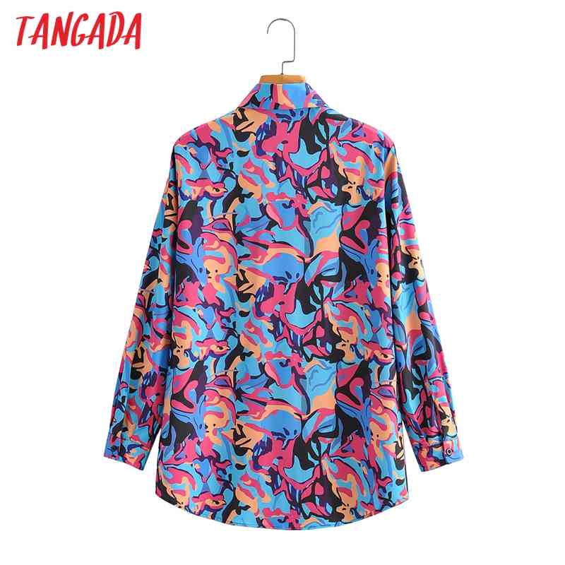 Women Retro High Street Print Chiffon Shirt Blouse Turn Down Collar Long Sleeve Chic Female Tops 1F183 210416