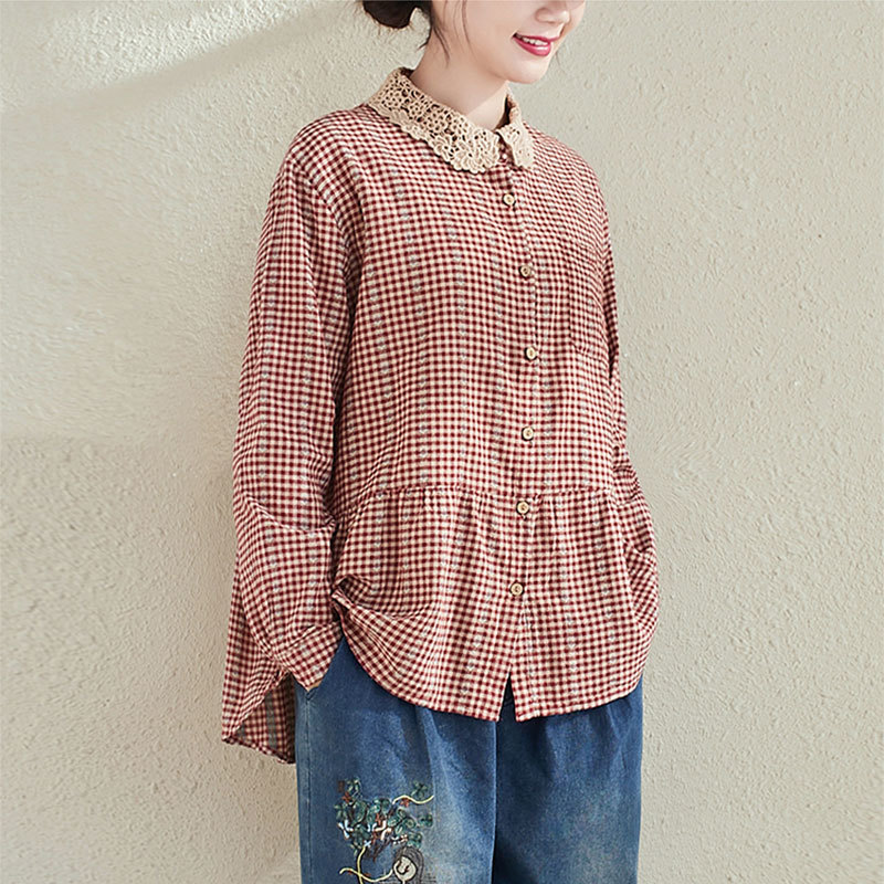 Spring Arts Style Women Long Sleeve Loose Shirts Lace Peter Pan Collar Cotton Linen Plaid Blouse Femme Tops Plus Size V306 210512