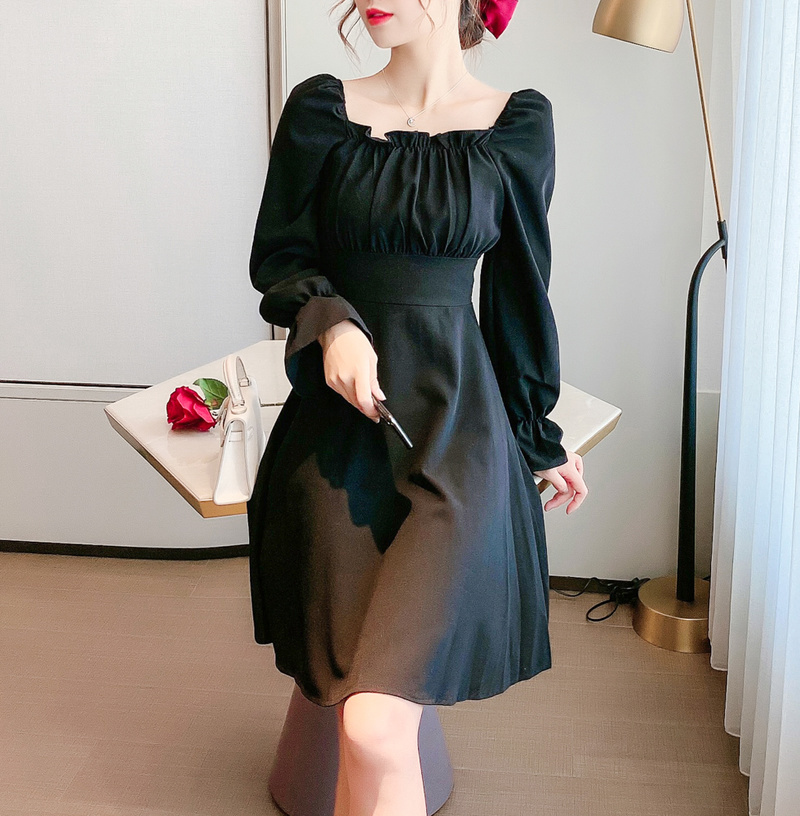 Sexy Dres Women Autumn Korean High Waist Kneelength Back Tie with Openback Square Collar Flare Long Sleeve Dresses 12160 210417