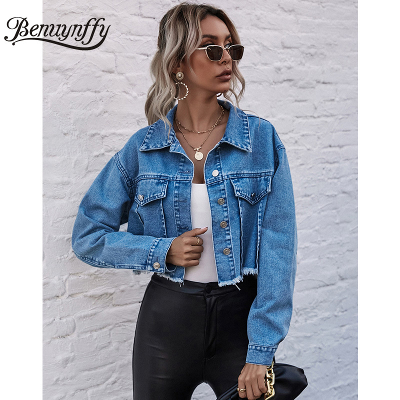 Turndown Collar Long Sleeve Crop Jeans Jacket Women Spring Autumn Fashion Streetwear Denim Outwear Female 210510