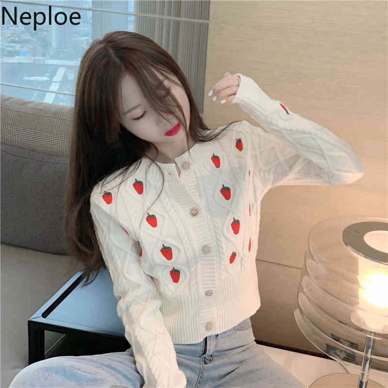 Neploe Sweater for Women Strawberry Crochet Floral Knitted Cropped Cardigan Fashion Korean Sueter Coat Fall Clothes Pull Femme 210422