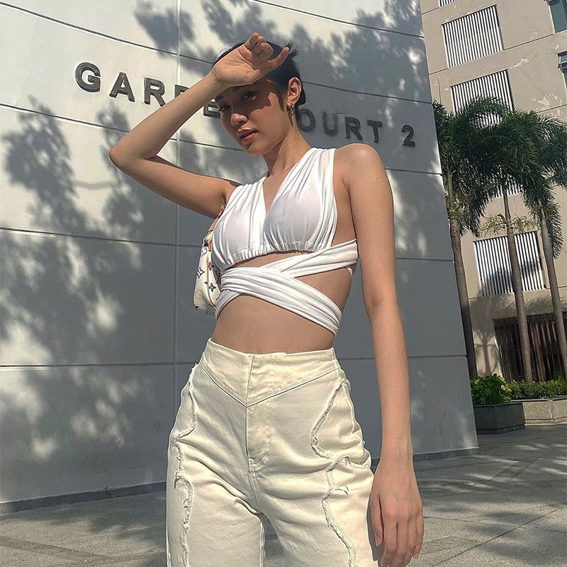 

Cross Bandage Sexy Baless White Crop Tops for Women Plunge Cropped Feminino Straps Tie Up Vest Top Streetwearhigh quality, Black