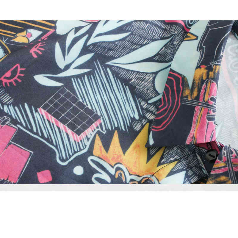 Women's Shirt Bowknot Decorated Sexy Navel Harajuku Chic Female Tops Lapel Single-breasted Short Sleeve Taste Graffiti Print 210507