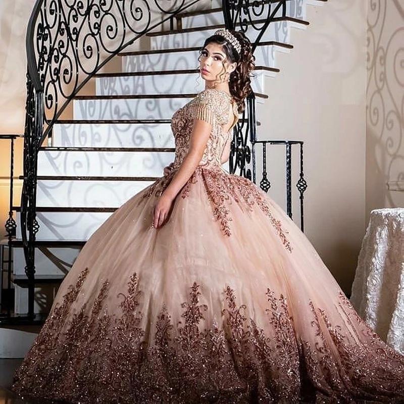 Rose Gold vestidos de 15 años 2021 Quinceanera Dresses Scoop Neck Tassel Beaded Applique Keyhole Back Ball sweet 16 Prom Gowns