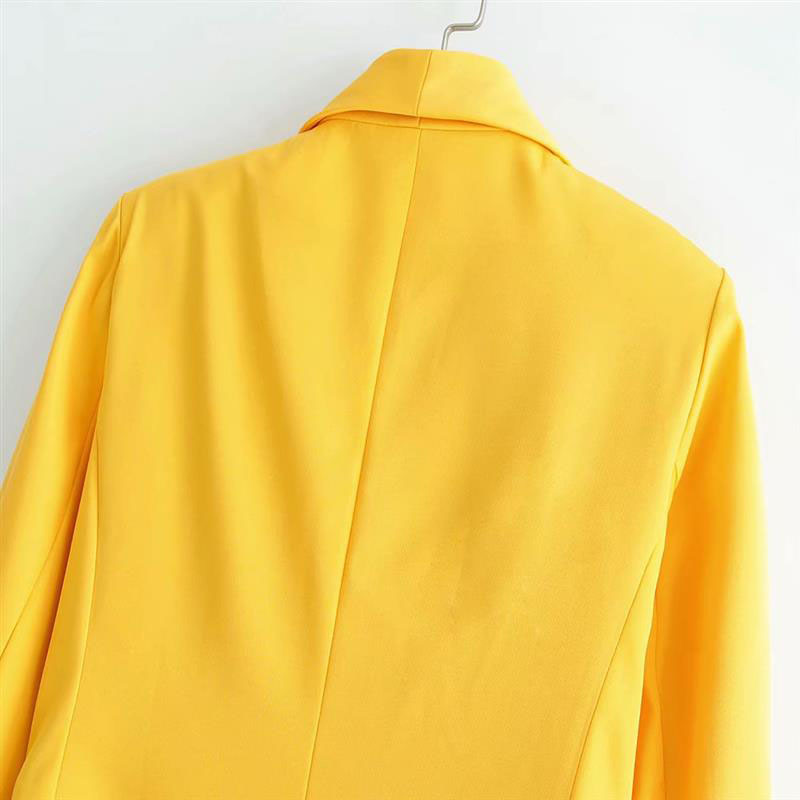 women chic yellow blazer pockets double breasted long sleeve office wear coat solid female casual outerwear tops Candy color 210507