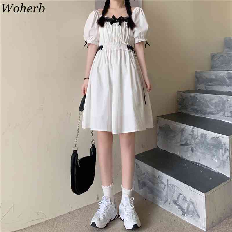 Kawaii White Black Dress Chic Korean Summer Women Mid-length Dresses Lace-up Slim Waist Elegant A-line Vestidos Femme 210519