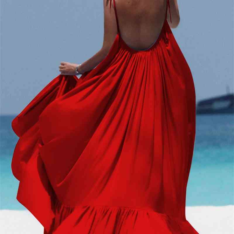 Women Dresses Loose Long Beach Sleeveless Backless Sexy Ruffles Spliced Pleated Plus Size Summer 210513