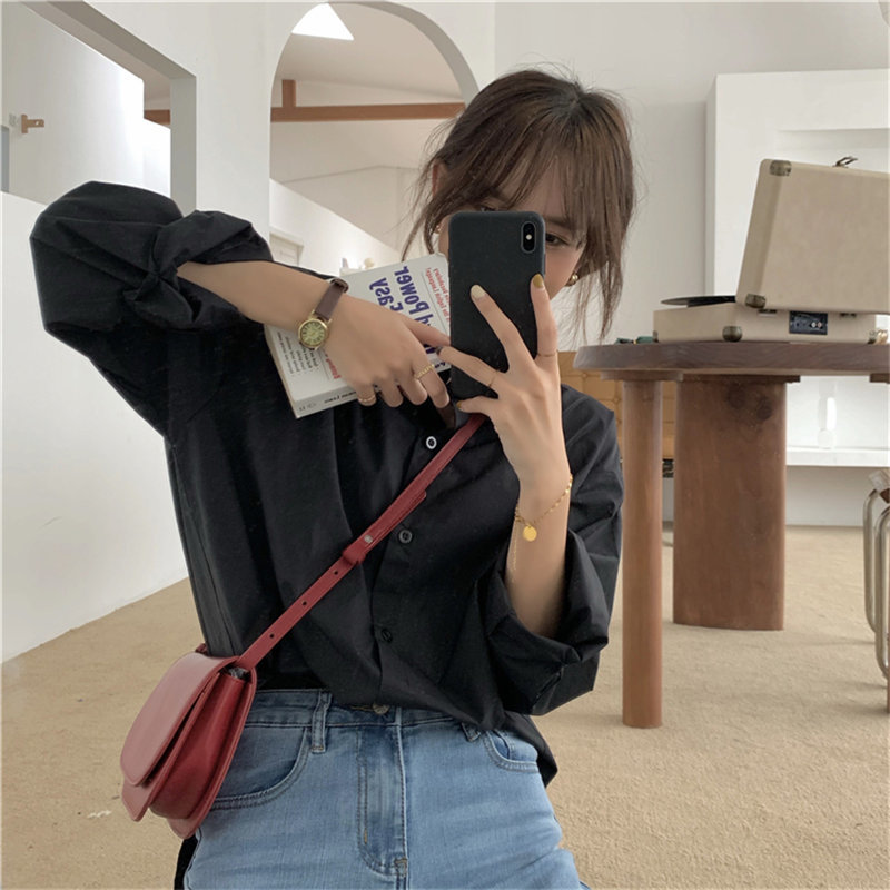 Solid Vintage Brief Office Lady Casual Streetwear Tops Retro Summer Chic Loose All Match Stylish Shirts Clothe 210421