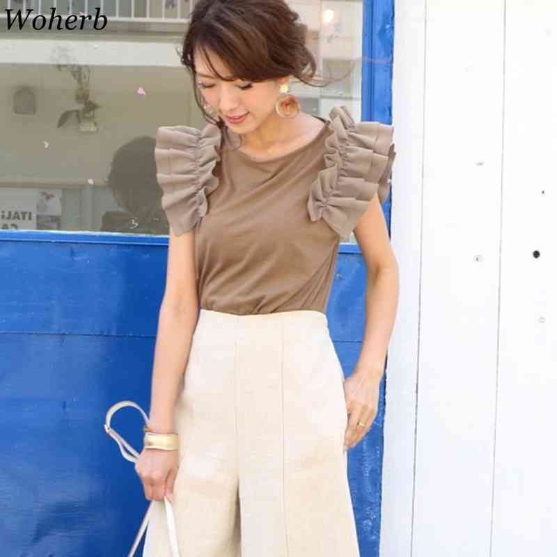 Korean Casual Ruffles Short Sleeve T-shirts for Women Chic Summer Solid Tshirt Female Fashion Top Lady Tees 210519
