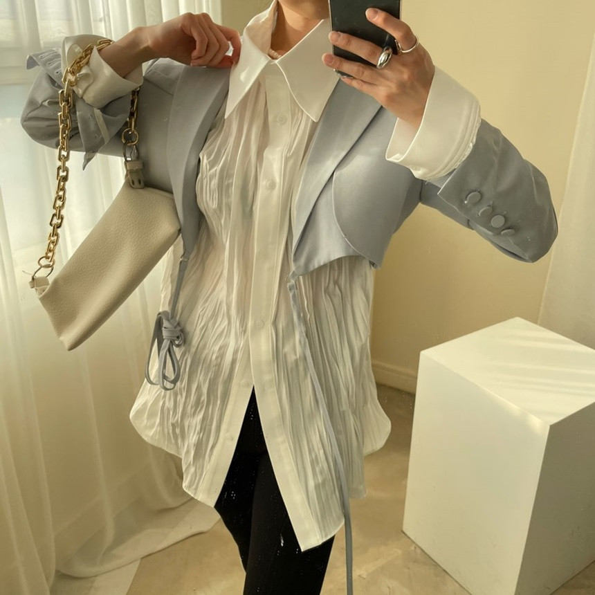 Spring Women's Fashion Folds Blouse Single Breasted Turn-down Collar Long-sleeved Minimalist Loose Shirt Female 210427