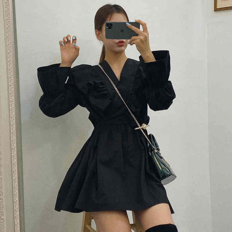 [EWQ] Spring New Sweet Long Sleeve V-Neck Flare Sleeve Women Dresses Korea Style Ruffles Shangp Ladies Shirt Dress QZ44100 210409